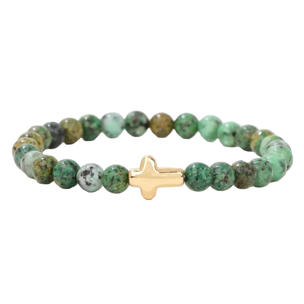Tejesa 6mm Amethysts Bracelet Gold Color Jesus Cross Natural Stone Tiger Eye Opal African Turquoises Elastic Bracelets For Women Men