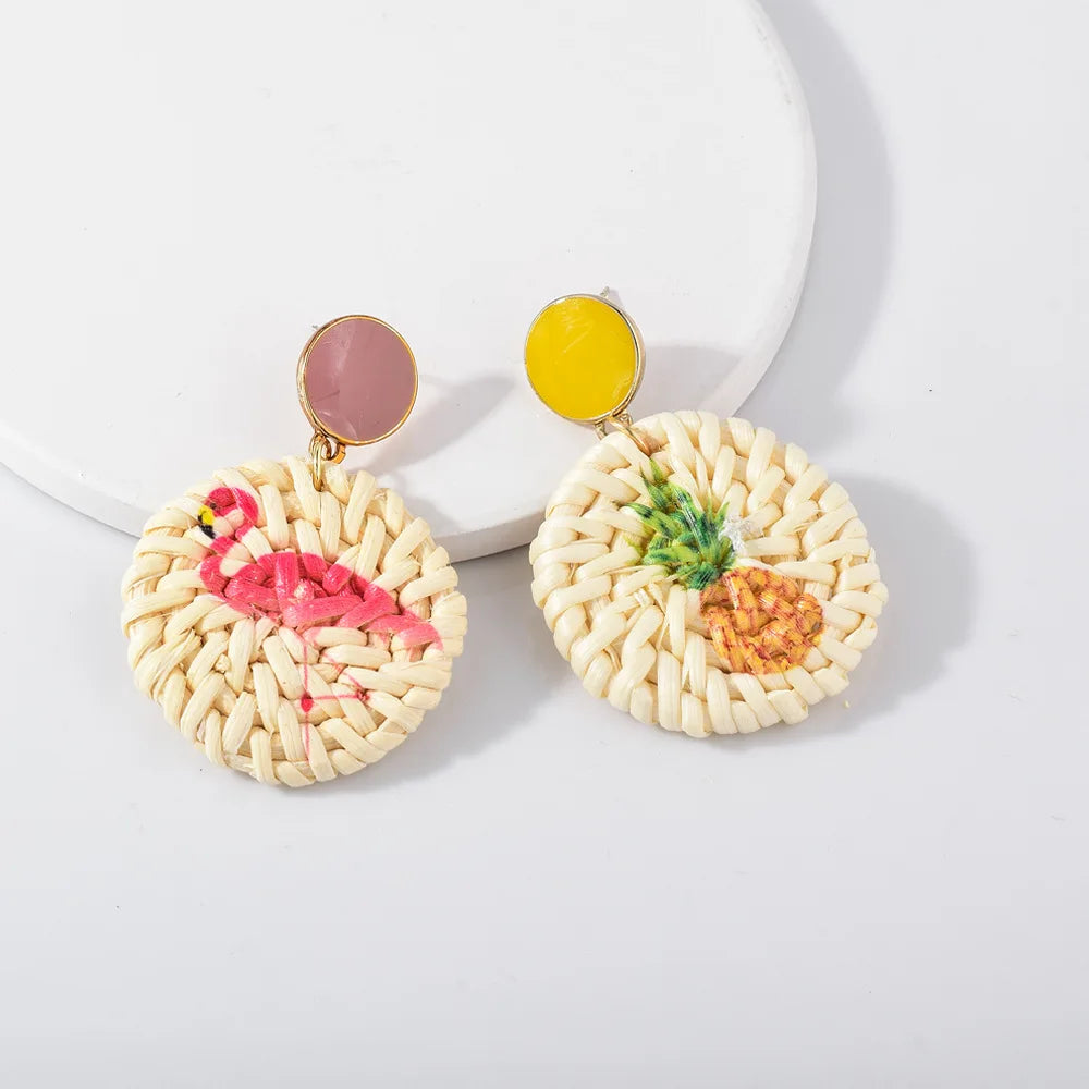 Lost Lady Handmade Straw Rattan Earrings For Women Fashion Pineapple Flamingo Print Earrings Fashion Jewelry Wholesale Outlet
