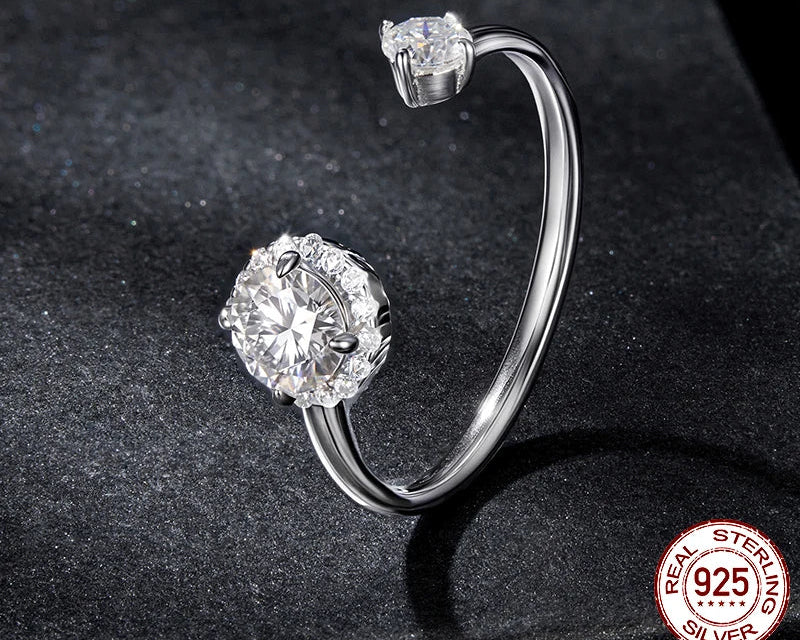 Tejesa Moissanite White Gold Plated Adjustable Ring 925 Sterling Silver Exquisite Open Ring for Women Fine Jewelry Gift MSR067-E