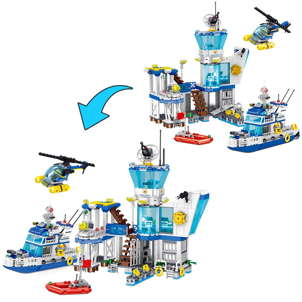 City Ocean Police Station Building Blocks Set,Police Station/Helicopter/Search Boat/Speed Boat,STEM Toys for Boys Ages 6 and Up