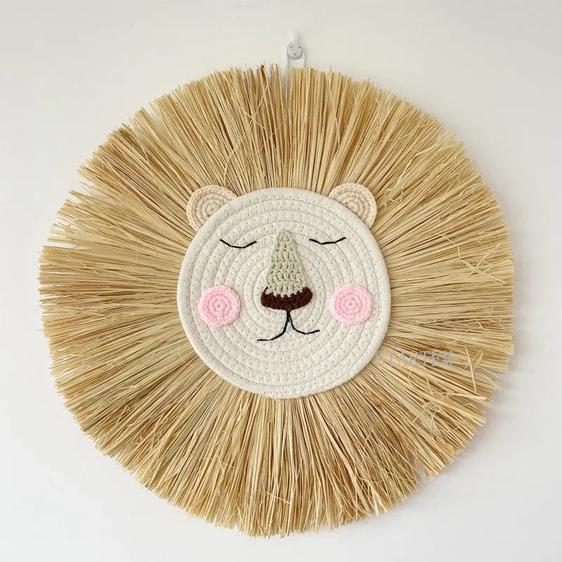 Hemasa Lion Wall Decor Cotton Thread Straw Woven Animal Head Wall Hanging Ornament for Nursery Baby Room Decoration