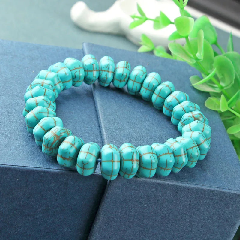 Turquoise Skull Bracelet Men Fine Jewelry Skulls Head Beads Elastic Beaded Bracelets Gemstone Bangle Women Male Gifts Accessorie