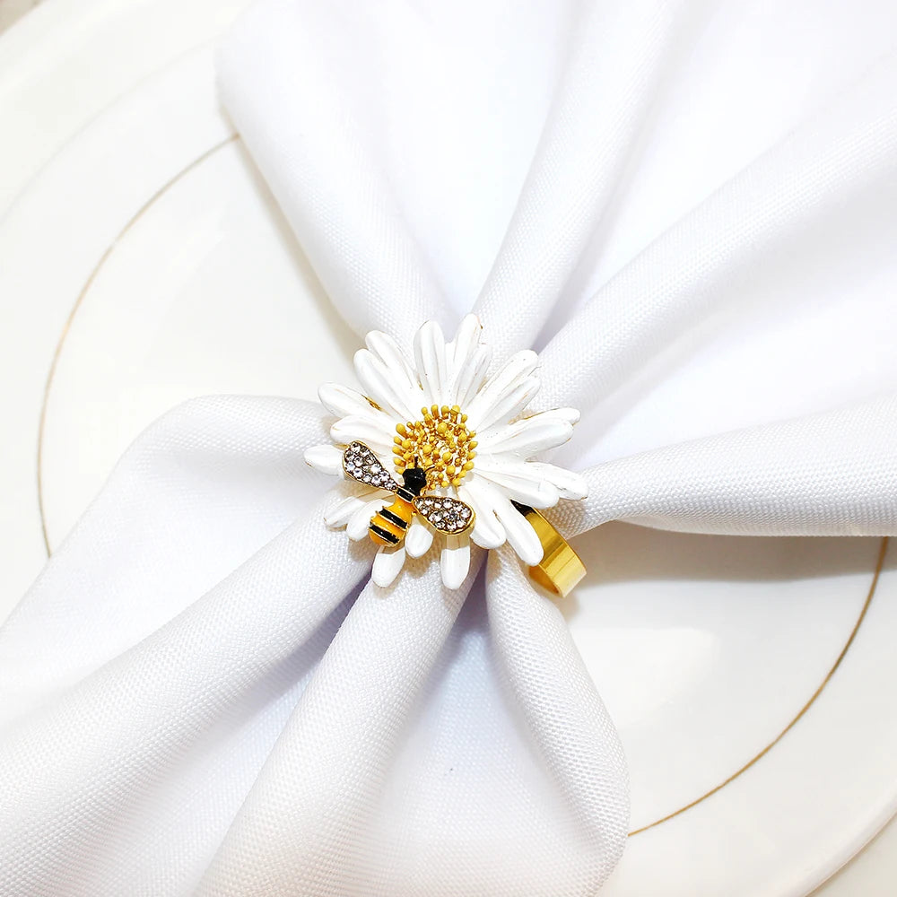 Hemasa 6Pcs Flower Bee Napkin Rings/ Metal Daisy Flower Napkin Rings