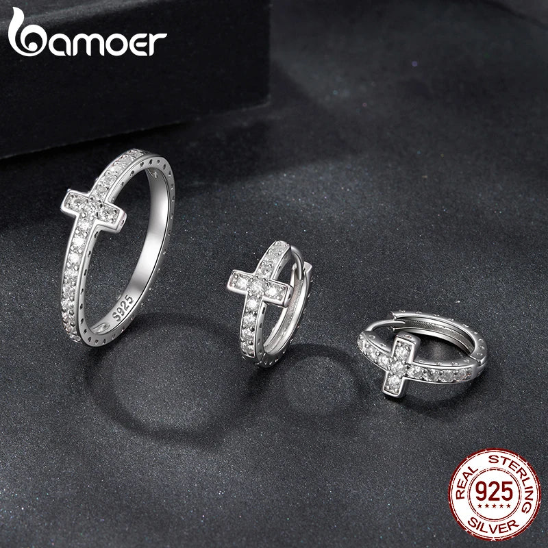 BAMOER Cross Moissanite Ring Stackable Full Eternity Sideways Band Ring D Color VVS1 for Women Engagement Religious Jewelry Gift