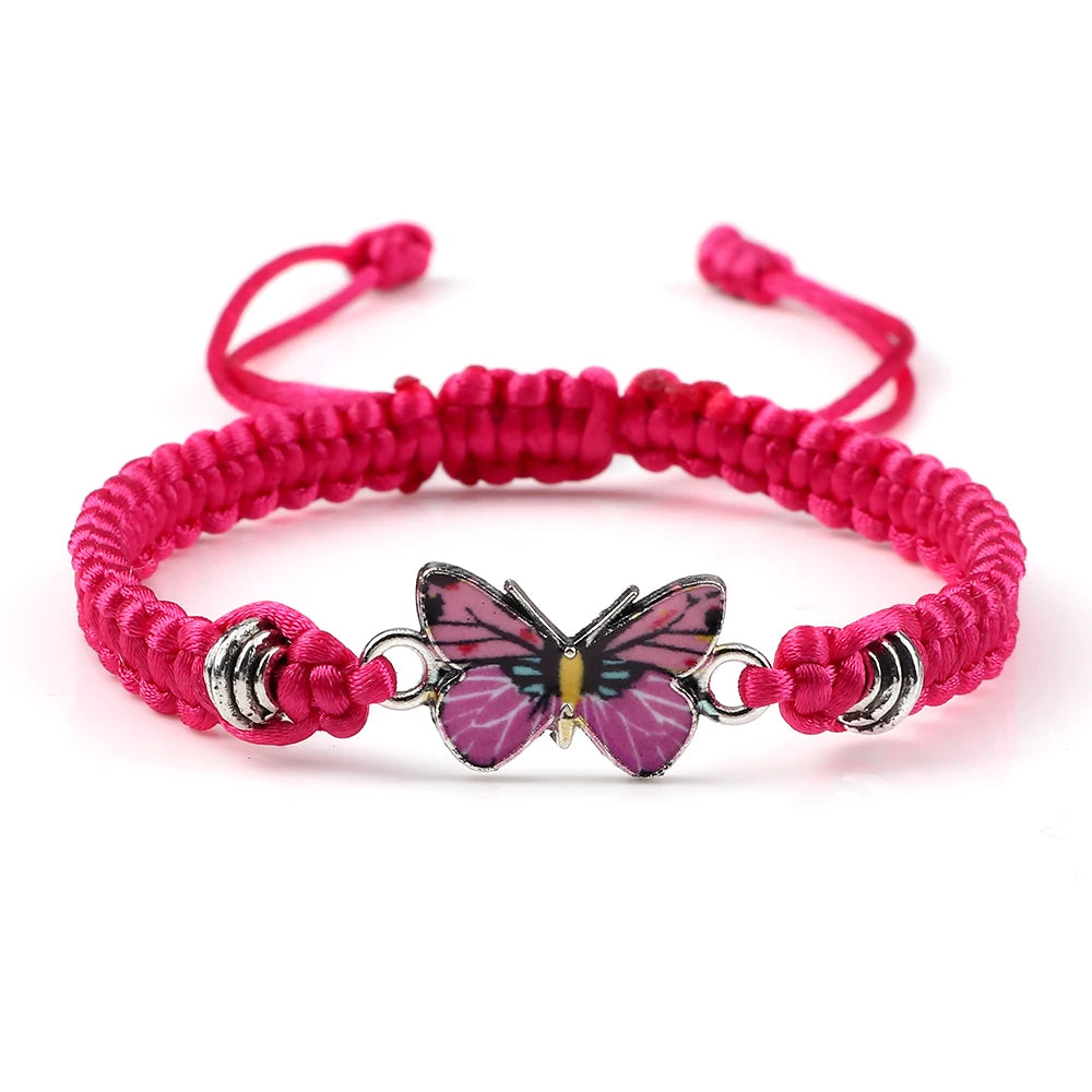 Women Pink Butterfly Pendant Bracelets Female Black White String Rope Braided Bracelet Bracelet Handmade Adjustable Jewelry Gift