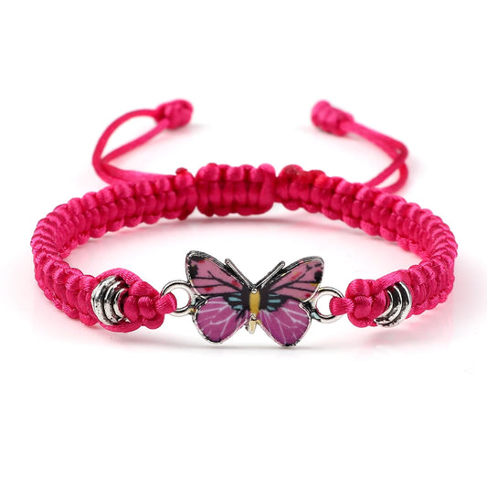 Women Pink Butterfly Pendant Bracelets Female Black White String Rope Braided Bracelet Bracelet Handmade Adjustable Jewelry Gift