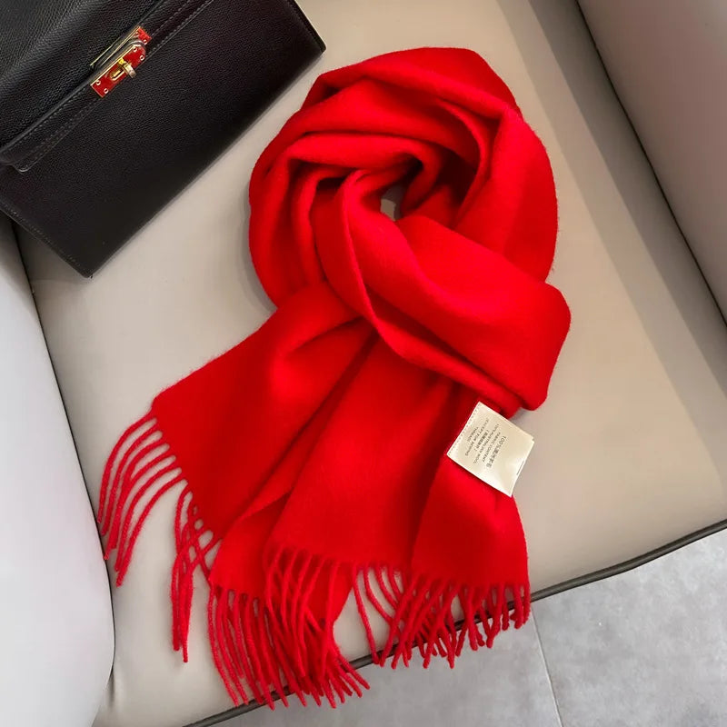China Red Pure Wool Scarf Women's Autumn and Winter Warm Mother Scarf Light Luxury High-end Fringed Shawl