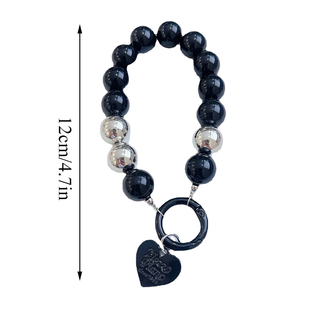 Trendy Bead Heart Key Chain Handbag Pendant Wrist Hanging Chains Women Key Ring Charm Gifts Wallet Strap Short Anti Drop