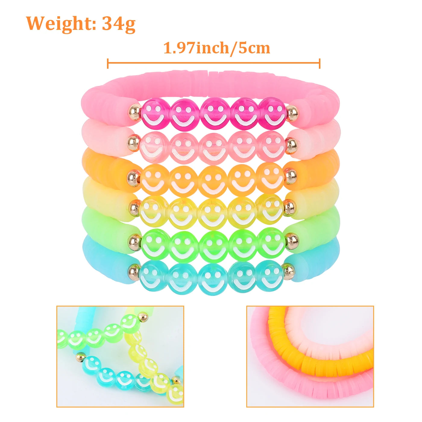 Makersland 6pcs/set Clay Beads Bracelets for Women, Fashion Jewelry for Ladies Girls, Trendy Cute Charm Rainbow Bracelets Women
