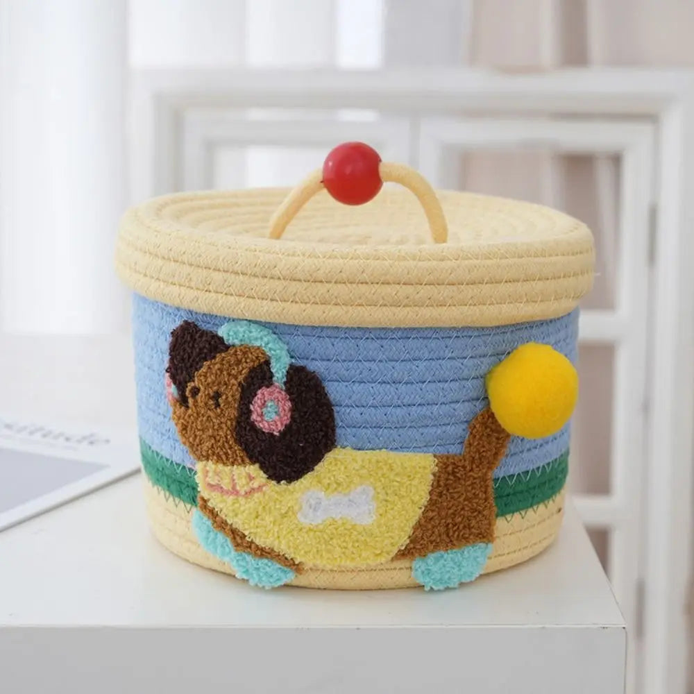 Cartoon Cotton Rope Storage Basket Round with Cover Snack Organizer Box Dachshund Pattern Decorative Hand Woven Basket