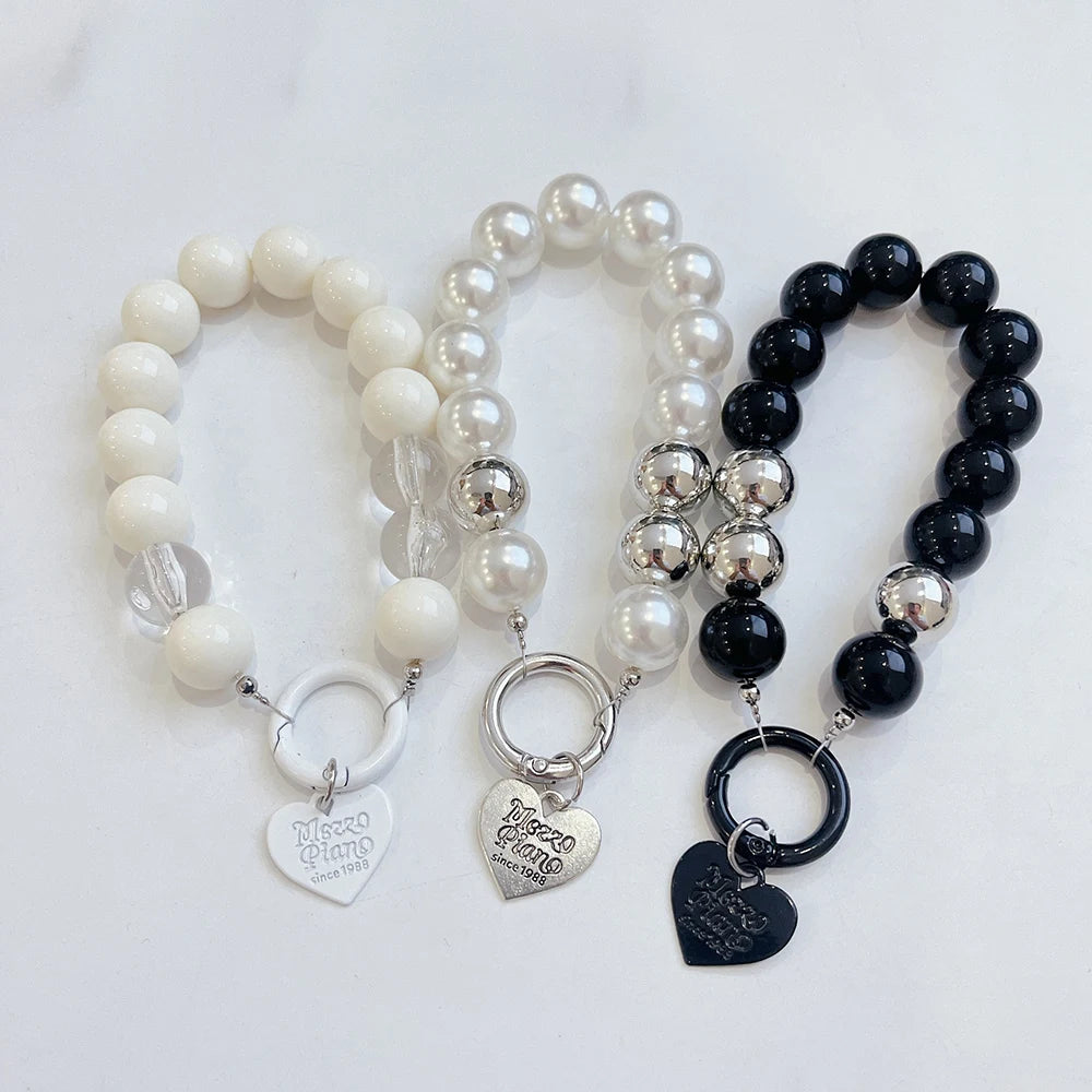 Trendy Bead Heart Key Chain Handbag Pendant Wrist Hanging Chains Women Key Ring Charm Gifts Wallet Strap Short Anti Drop