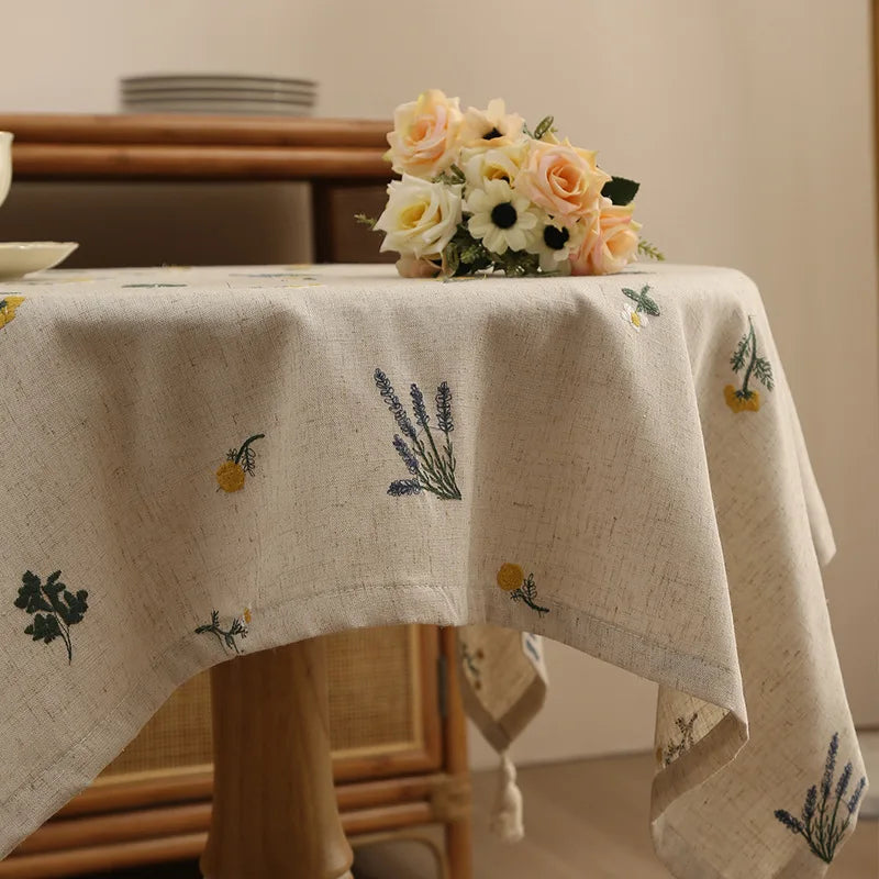 Linen Embroidery Garden Tablecloth with Fringe Cotton Linen Floral Printed Tassel Table Cover Luxury Flax Cloth Home Decoration