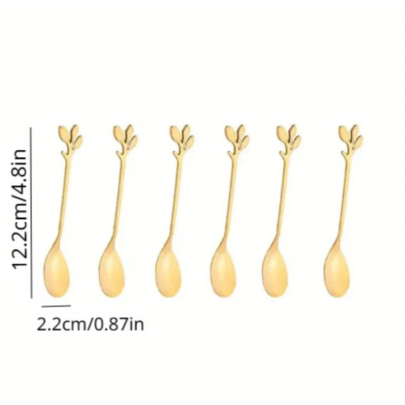 6PCS Creative Personality Stainless Steel Gold Spoons Tree Leaf Spoon Coffee Spoon Tea Spoon Home Restaurant Dessert Cutlery Set