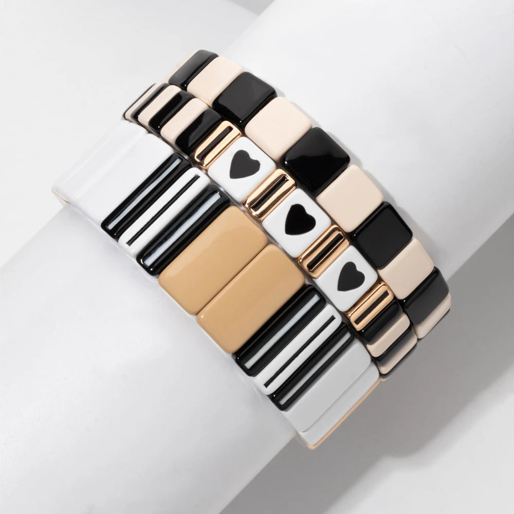 Hemasa Enamel Tile Women Bracelet Set Drip Oil Black&White Series Elastic Heart Bangle