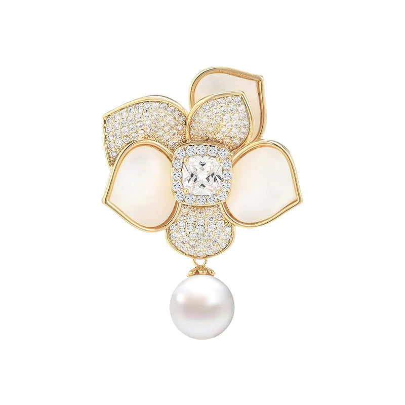 New Korean Style Heavy Industry Natural Shell Camellia Brooch, Luxury Copper Micro-inlaid Flower Pearl Brooch