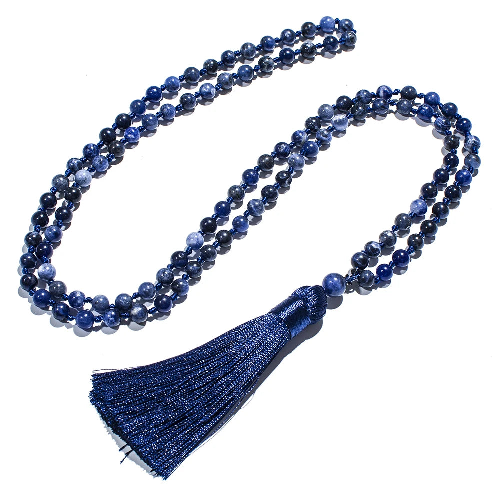 6mm Natural Sodalite Beaded Knotted 108 Mala Necklace Meditation Yoga Prayer Boho Tassel Jewelry Rosary for Women
