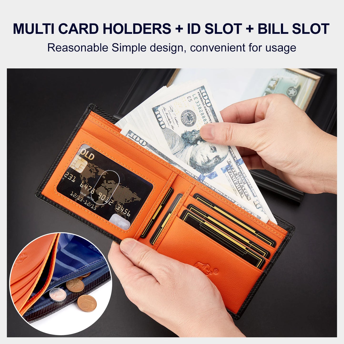 Hemasa  Men's Carbon Fiber Short Wallet Luxury Designer RFID Blocking Card Holder Coins Pocket Purse Gift