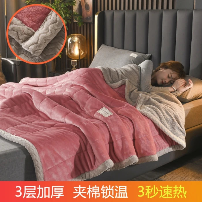 Coral Fleece Autumn Winter Warm Blankets for Bed 3 Layers Thicken Flannel Blanket Quilt Soft Comfortable Warmth Quilts Washable