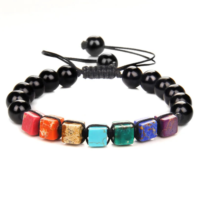Tejesa Square Beads 7 Chakra Wrap Bracelets For Men Adjustable Braided Bracelet Green African Stone Lava Labradorite Handmade Jewelry