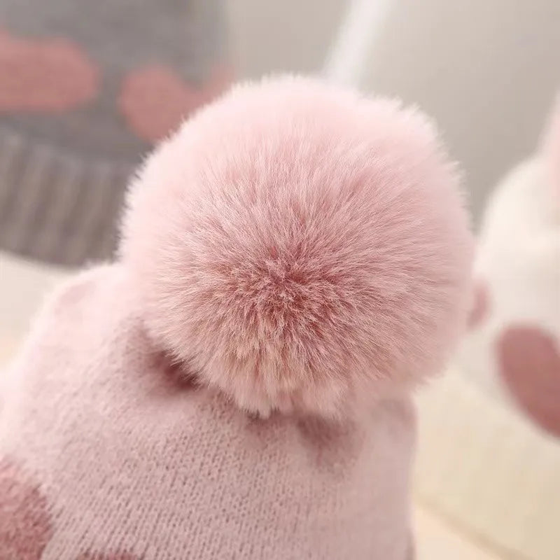 Fur Pompom Baby Hat Heart Printed Knitting Autumn Winter Newborn Infant Beanie Cap Toddler Warm Crochet Girls Boys Hats