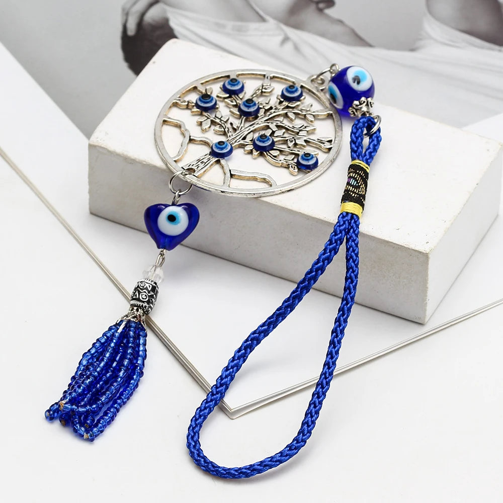 Lucky Eye Alloy Tree of Life Pendant Wall Hanging Tassel Heart Turkish Evil Eye Bead Keychain Car Keyring for Women Men Jewelry