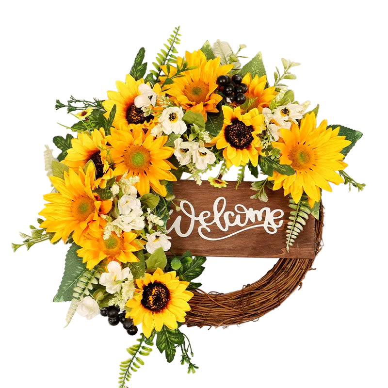 Tejesa Artificial Sunflower Spring  Wreath for Front Door  Green Eucalyptus Wreaths with Welcome Sign Wall Window Outdoor Decor
