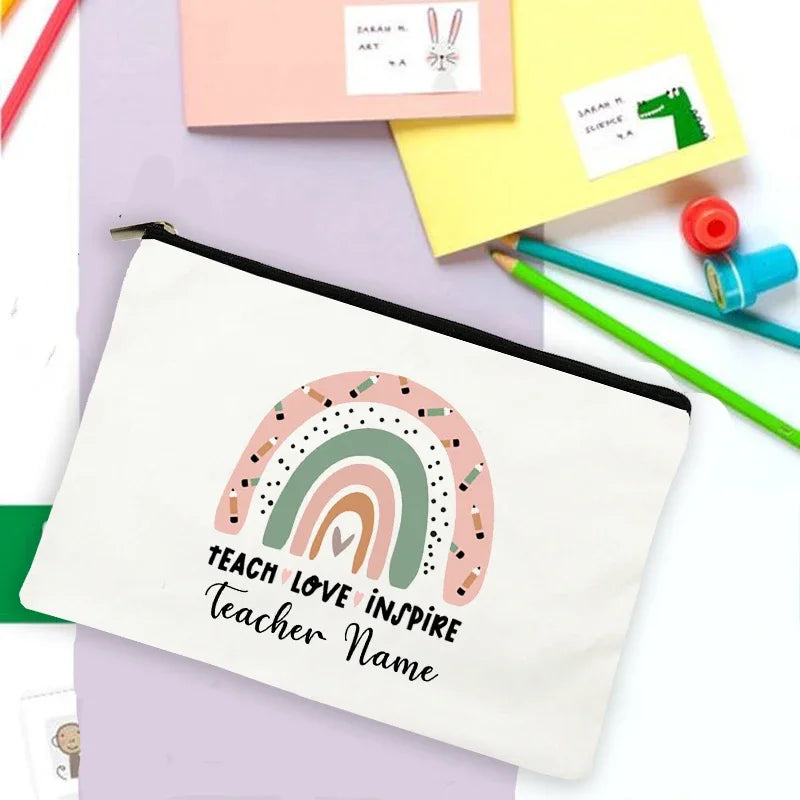 Rainbow Teacher Print Custom Name Personalized Supplies Storage Bags Travel Wash Pouch Makeup Bag Gifts Stationery Pencil Case