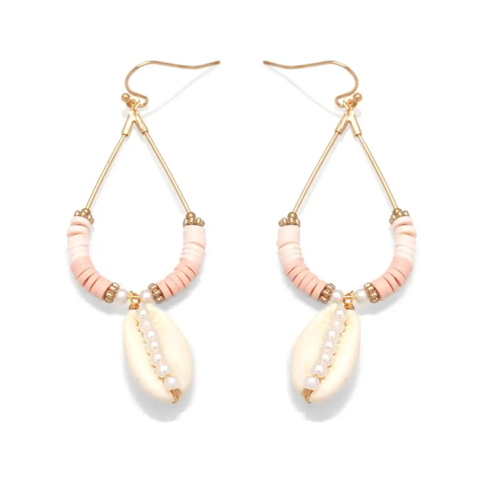 Hemasa Boho Polymer Clay Heishi Beads Cowrie Seashell Hook Earrings Women Girl (Set of 2)