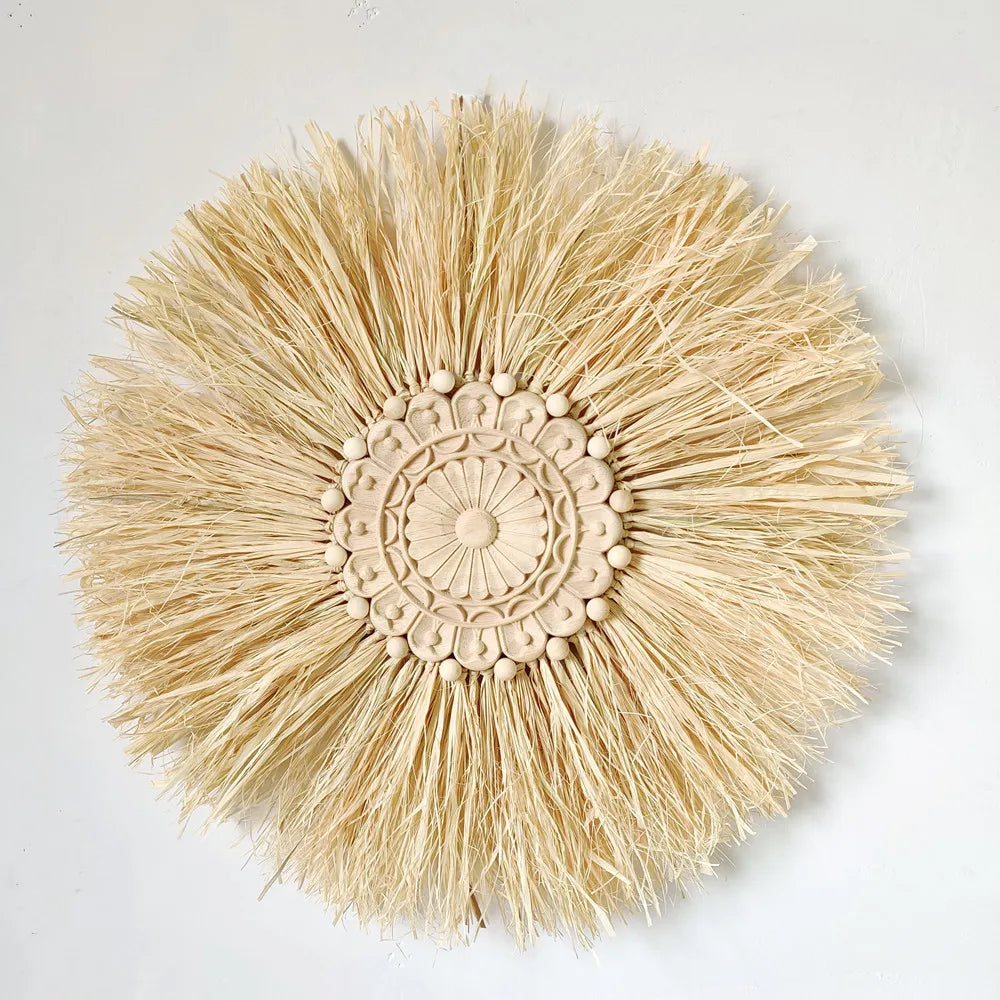 INS Boho Handmade Woven Straw Wall Decor Moroccan Wood Beads Wall Hanging Ornament Round Nordic Home Decoration for Living Room