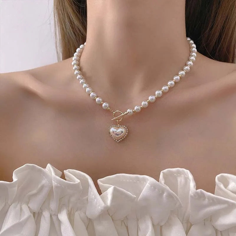 Hemasa Heart Pendant Round Pearl Golden Bead Chain Necklace for Women