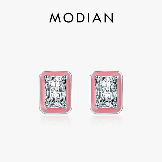 Modian 925 Sterling Silver Rectangle Enamel Fashion Stud Earrings Sparkling Zirconia Earrings for Women Wedding Fine Jewelry