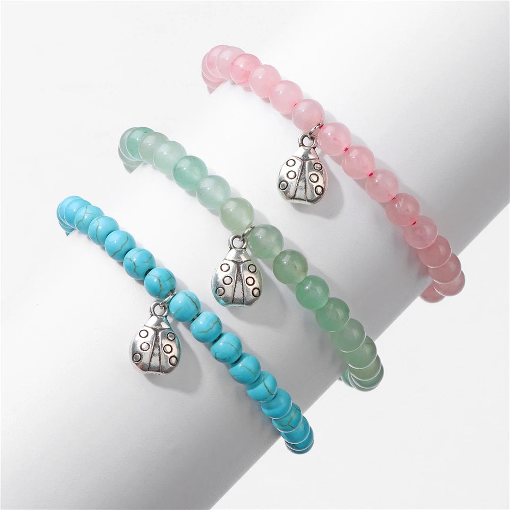 Fashion Animal Ladybug Pendant Bracelet Natural Stone Quartz Turquoises Beads Charm Bracelets Women Men Cute Lucky Jewelry Gift