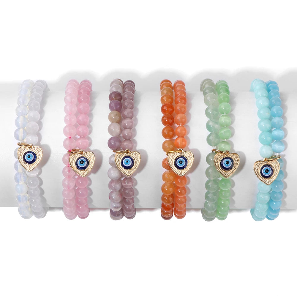 Blue Turkish Evil Eye Bracelet 6mm Natural Cat Eye Opal Stone Bracelets For Women Men Heart Shape Evil Eye Charm Bangles Jewelry