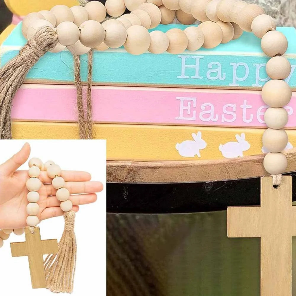 Wood Bead Garlands With Cross Farmhouse Natural Wood Beads Garland Decor For Tiered Tray Rustic Christmas Ornaments