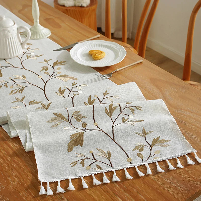 Tejesa Embroidery Tassel Table Runner,Cotton Linen Thicken Fabric ,Kitchen Dining Room coffee Table Restaurant Decor Supplies