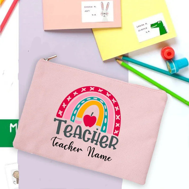 Rainbow Teacher Print Custom Name Personalized Supplies Storage Bags Travel Wash Pouch Makeup Bag Gifts Stationery Pencil Case
