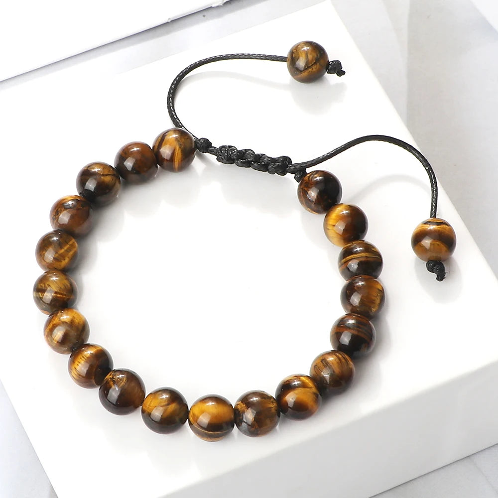Hemasa Tiger Eye Stone Beads Bracelet Braided Rope Adjustable Black Lava Charm Healing Balance Beaded Bracelets for Men Women Jewelry