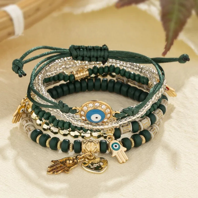 Bohemian Evil Eye Pendant Bracelet Set for Women Crystal Fatima Hand Charm Stone Beads Chain Bangle Female Bohemian Jewelry Gift