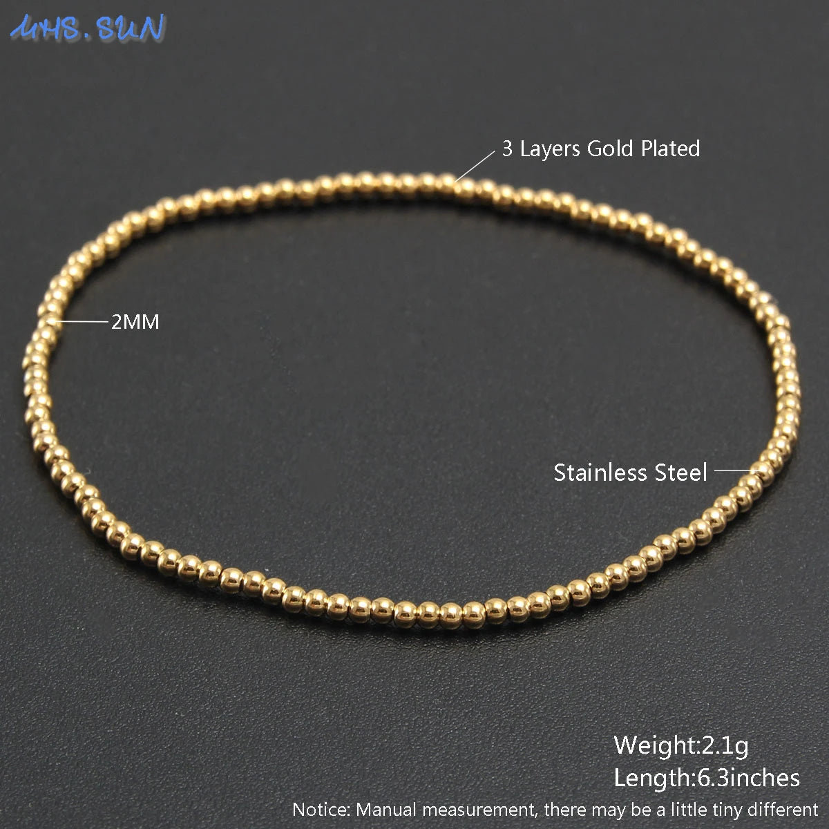 MHS.SUN Fashion Waterproof Smooth Stainless Steel Bracelets 2-10mm Elastic Beaded Gold Plated Stackable Bracelet Women Jewelry