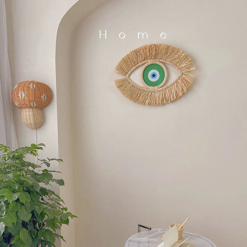 Moroccan Handwoven Devil's Eye Wall Decor Wood Beads Straw Woven Living Room Sofa Background Entryway Wall Hanging Decoration