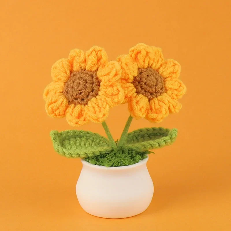 Hemasa Crochet Sunflowers Pot Creative Knitted Flowers Artificial Flower Hand Woven Finished Plant Car Desktop Decor Gift