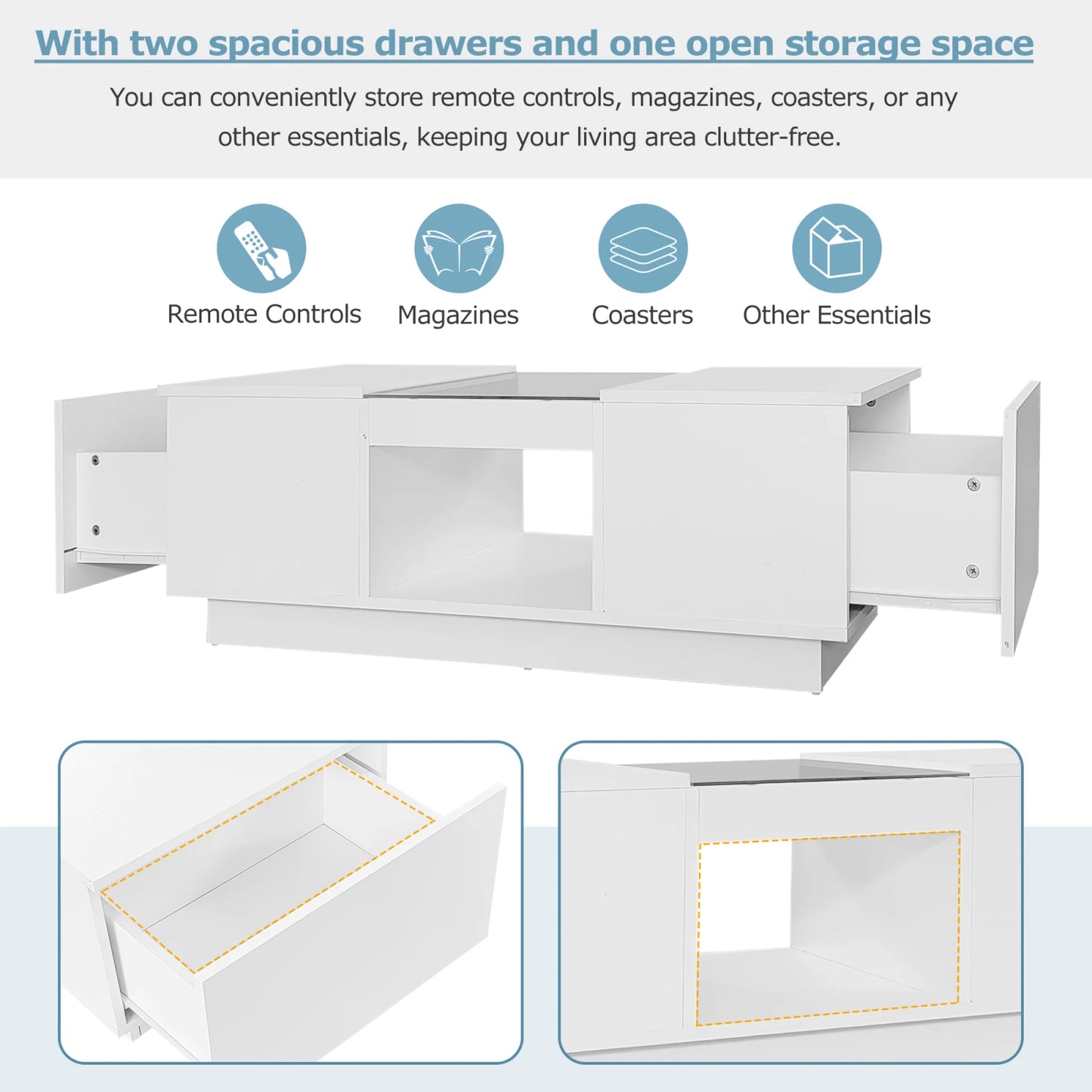 LED Lights Coffee Table For Living Room, Modern Center Table With Storage, 2 Tiers And 2 Drawers, Large Living Room Center Table