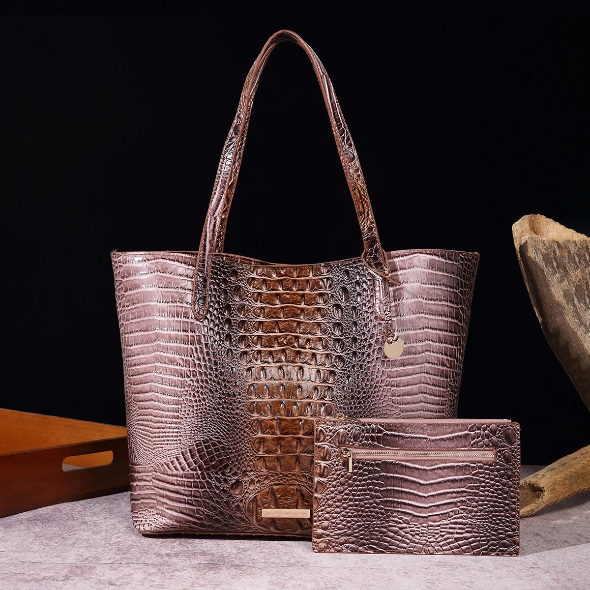 Leather Fashion Two Piece Crocodile Pattern Single Shoulder Tote Bag