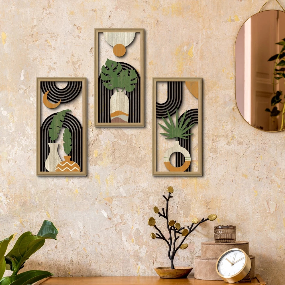 Hemasa 3pcs Boho style Hollow Wood Retro Rustic Leaf Pattern Wall Hanging Art Living Room Bedroom Wall Hanging Home Decoration