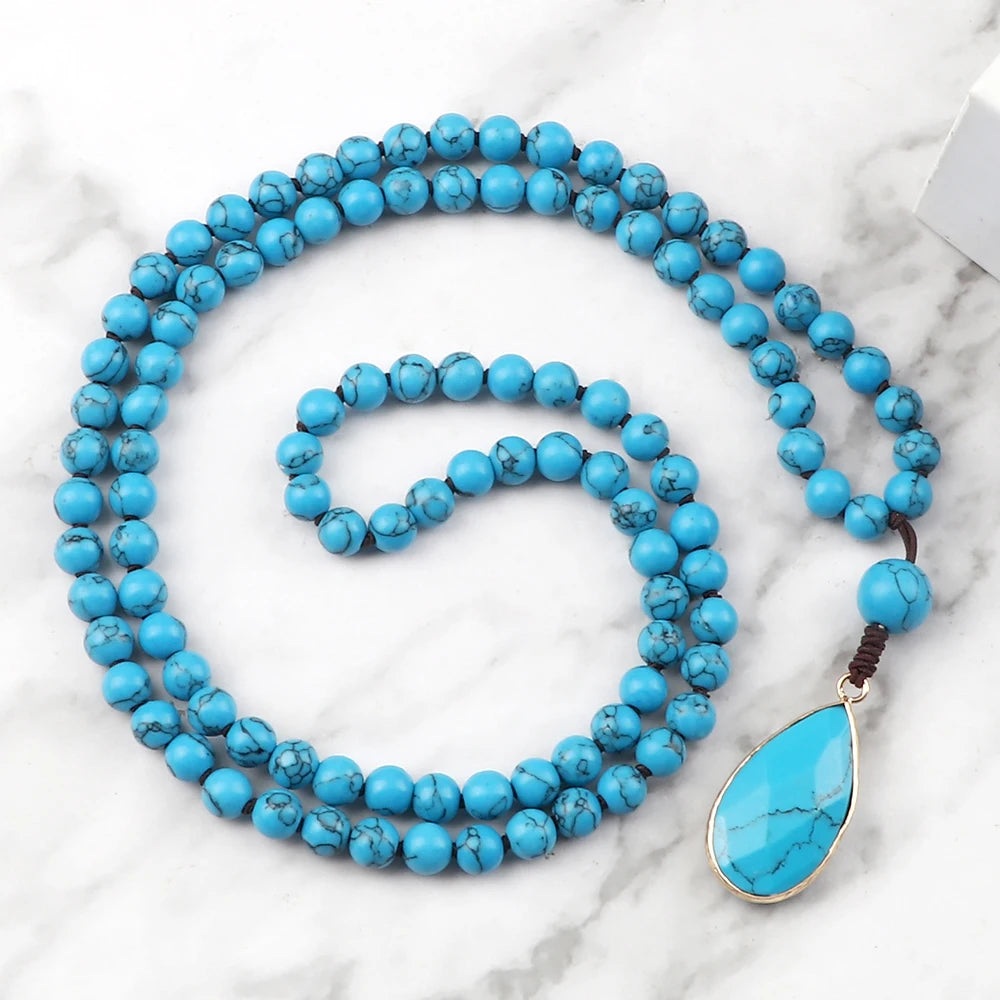 New Simple Pendant Necklaces 108 Mala Natural Blue Pine Stone Beads Meditation Necklaces Handmade Women Bohemia Jewelry Gift 6mm
