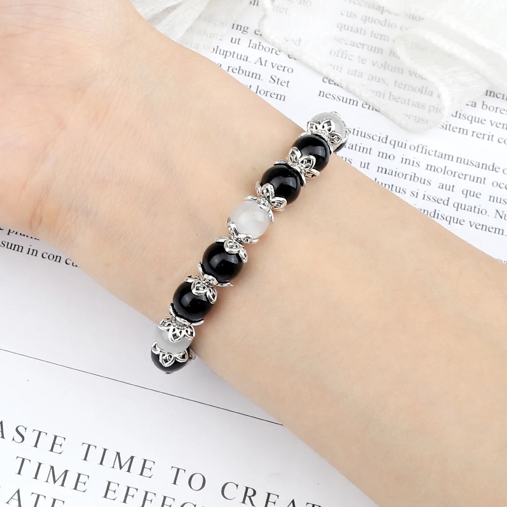Hemasa Pink Quartz Beads Bracelets/ Natural Black Lava Stone  Stretch Bracelet