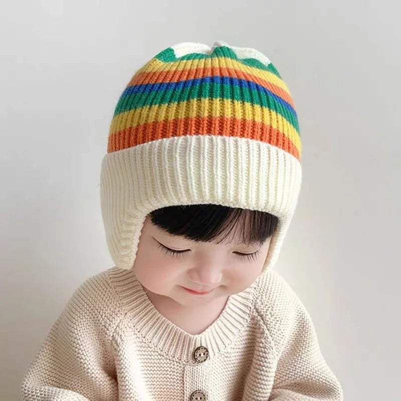 Autumn Winter Baby Hat Fashion Striped Knitted Hats for Boys Girls Toddler Infant Pullover Cap Ear Protection Kids Accessories