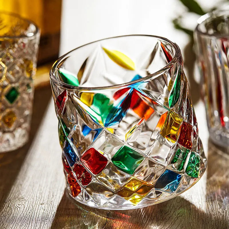 Hemasa 250 ml Rotating Crystal Whiskey Glasses With Wooden Coaster Tray/ Colored Glass Cup/ Colored Stress Relief Glass Cup
