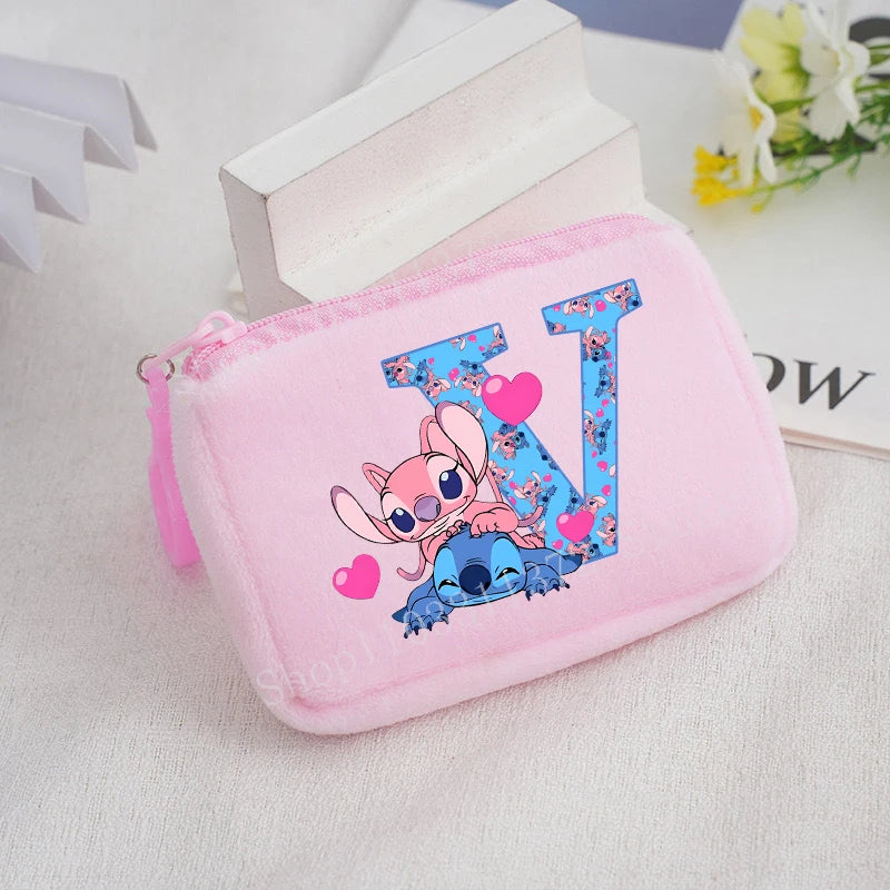Disney Stitch Plush Coin Purse Cute Anime Cartoon A-Z Letter Stich Printed Wallet Kawaii Girls Earphone Storage Zipper Bag Gifts