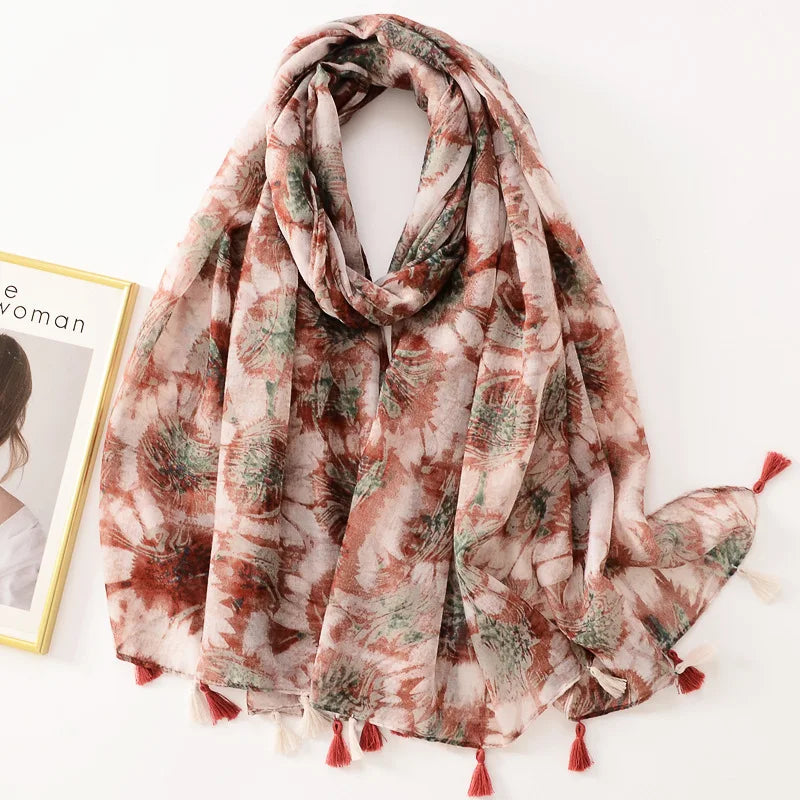 Elegant Woman Shawl Fashion Design Tassel Cotton Scarf Muslim Hijab Scarfs Floral Print Ladies Scarves For Beach Party Bandana